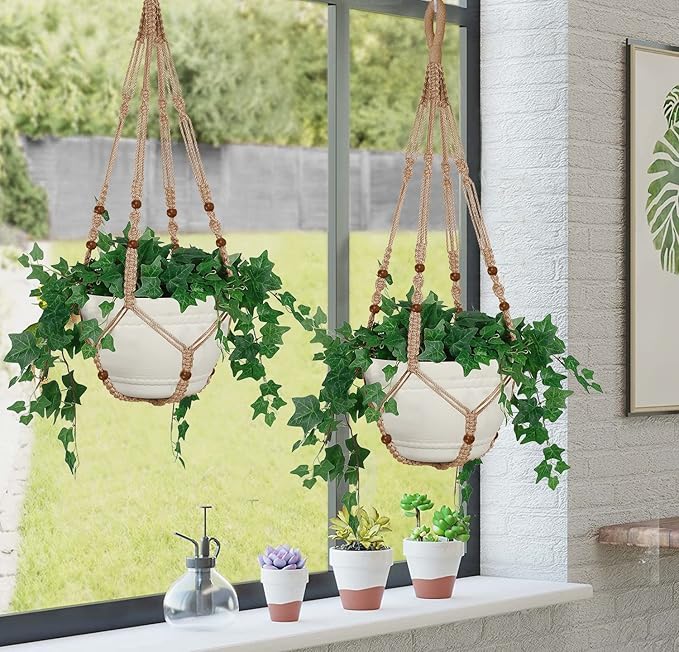 43 Inches Macrame Planter Hanger Large for 12 inch Pot + Swag Hook (Extra Long & Big) | Large Hanging Planter for Indoor Plants | No Tassel, Cotton Rope, NO Pot/Plant Included (Jute)(XL)