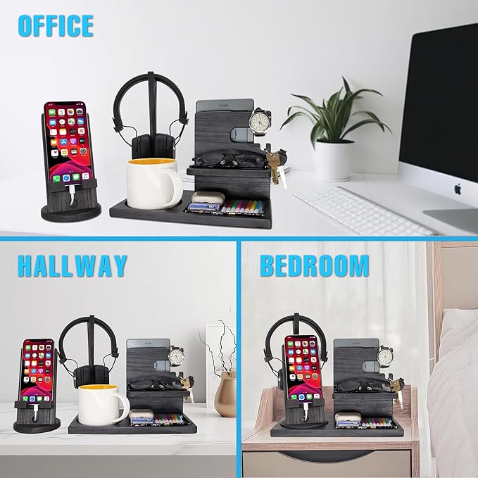 Gift for Men Nightstand Organizer with Headphone Stand & Rotating Phone Stand, Stylish Headphone Holder to Keep Desk Accessories for Men Organized, Unique Dad Birthday Gift, Gifts for Boyfriend