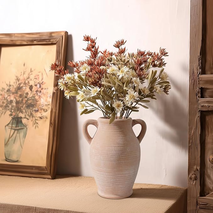 Sunddo Terracotta Vase with 2 Handles, 8 inch Rustic Ceramic Vase, Farmhouse Decor, Table Living Room Bedroom Fireplace Decor