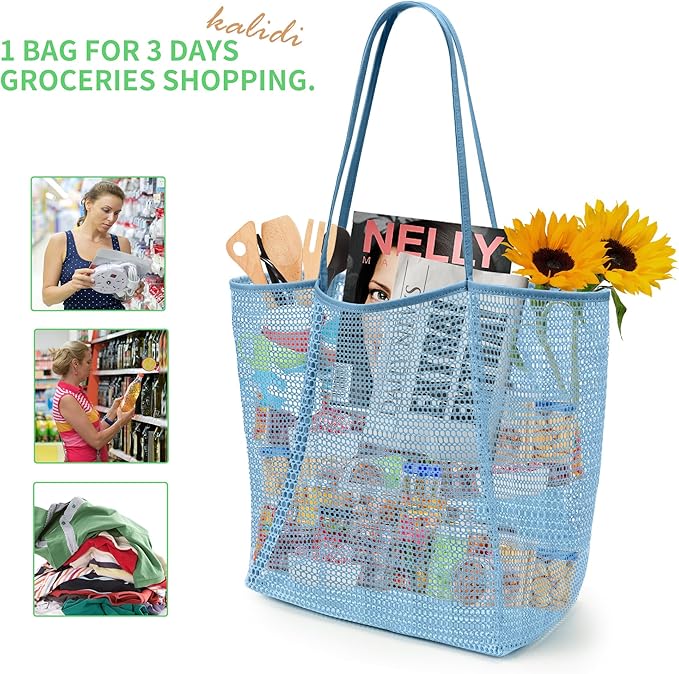 KALIDI BeachNylon Mesh Tote Bag, Casual Tote Bag Hobo Women Foldable MAX 23L Shoulder Bag For Beach Picnic Vacation