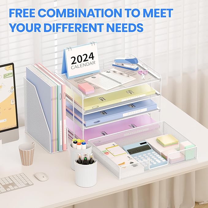 OPNICE Desk Organizer and Accessories, 4-Tier Desktop File Organizer with Drawer and 2 Pen Holders, Office Desk Accessories, File Sorters, Workspace Organizers for Office Supplies(White)