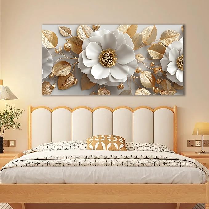 Tarfupth Floral Canvas Wall Art for Living Room Gold and White Flowers Large Botanical Artwork for Bedroom Office Home Decor Canvas Prints 24"x48"
