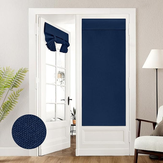 HOMEIDEAS 100% Linen Blackout French Door Curtains, Privacy Door Window Curtains, 26 X 68 Inch Room Darkening Blinds, Thermal Insulated Shades for Bedroom, 1 Panel, Navy