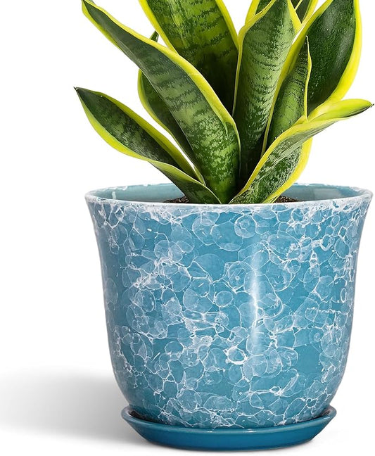 8 Inch Plant Pot - Ceramic Planter with Drainage Hole and Saucer, Round Planter for Indoor Outdoor, Modern Planter, Decorative Flower Pot, Apartment Garden Home Decor, Gardening Gifts, Blue