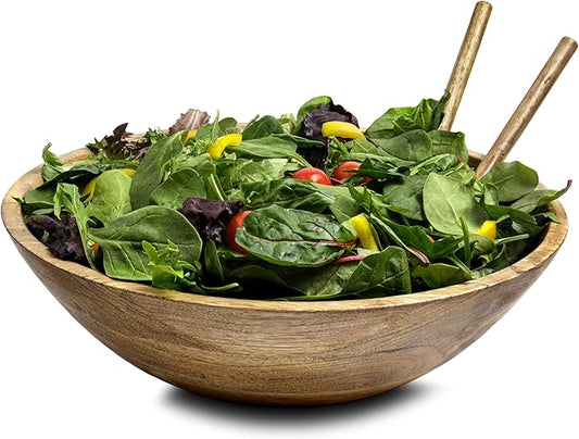 Extra Large Wooden Salad Bowl 15" with Serving Utensils | Oversized Mango Wood Salad Bowl for Big Family Meals | Large Wood Serving Bowl for Salad, Pasta, Popcorn | Handcrafted Wooden Salad Set