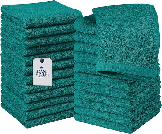 DAN RIVER 100% Cotton Wash Cloths 24 Pack [12x12] Soft & Absorbent Soft face Towels, Gym, Hotels & Spa Perfect for Everyday Use Fingertip Towels, Teal