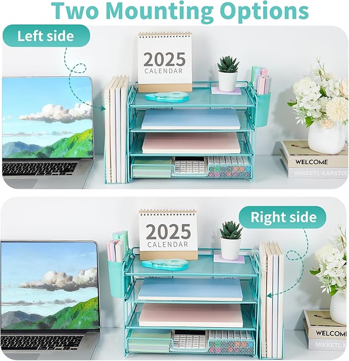 OPNICE Desk Organizer and Accessories, 4-Tier Desktop File Organizer with Drawer and 2 Pen Holders, Office Desk Accessories, File Sorters, Workspace Organizers for Office Supplies(Teal Blue)