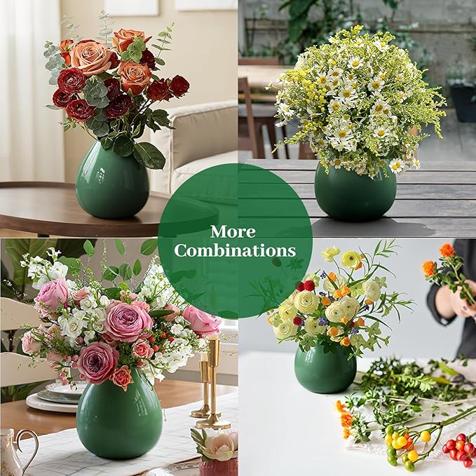 Flower Vase-Handcrafted Ceramic with Smooth Green Glaze, Small Vase for Flowers w/Waterproof Interior and Anti-Slip Bottom, Vases Home Decor Shelf Decor Table Centerpieces