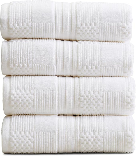 Springtree Home 100% Cotton Bath Towel Set of 4 | White Towels | Geometric Textured Design | Absorbent & Quick-Dry | 4 Bath Towels | Oeko-TEX® Standard 100 Cotton | Myla Collection - White