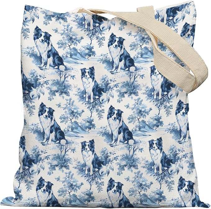 French Country Border Collie Tote Bag, Border Collie Gifts for Women, Blue and White Chinoiserie Dog Canvas Tote Bags for Women, Vintage Dog Reusable Grocery Shopping Bag