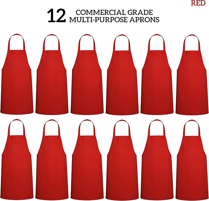 GREEN LIFESTYLE 12 Pack Bib Apron - Unisex Red Aprons, Machine Washable Aprons for Men and Women, Kitchen Cooking BBQ Aprons Bulk (Pack of 12, No Pockets, Red)
