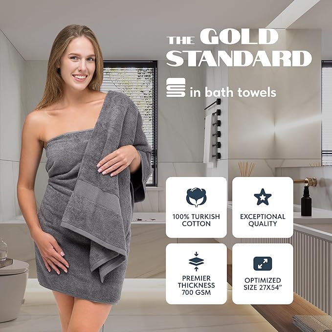 Luxury White Bath Towels Large - 100% Soft Cotton 700 GSM | Absorbent Hotel Bathroom Towel | 27 inch X 54 inch | Set of 4 | Gray