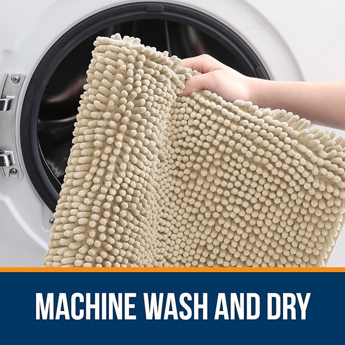 OLANLY Bathroom Rugs 32x20, Extra Soft Absorbent Chenille Bath Rugs, Rubber Backing Quick Dry, Machine Washable Bath Mats for Bathroom Floor, Tub and Shower, Home Decor Accessories, Beige