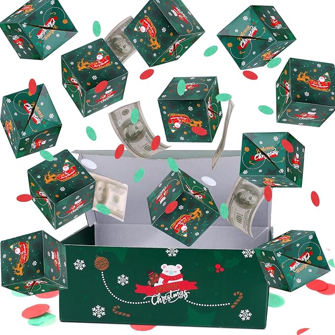 BABORUI Christmas Surprise Gift Box Explosion for Money, Christmas Explosion Gift Box with Confetti, Surprise Pop Up Money Box for Merry (Green)