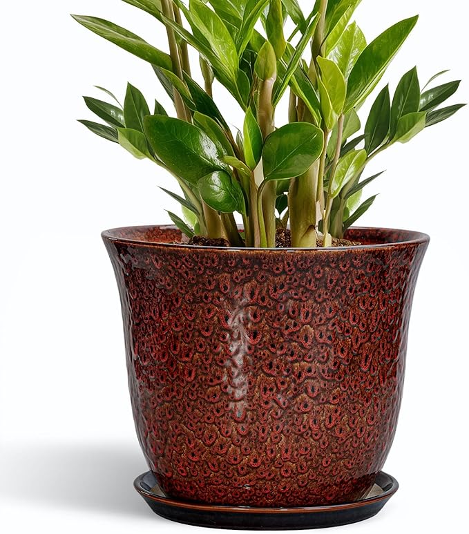 10 Inch Plant Pot - Ceramic Pots for Plants with Drainage Hole and Saucer, Round Flower Pot for Indoor Outdoor, Modern Ceramic Planter, Garden Room Home Decor, House Warming Gifts, Red