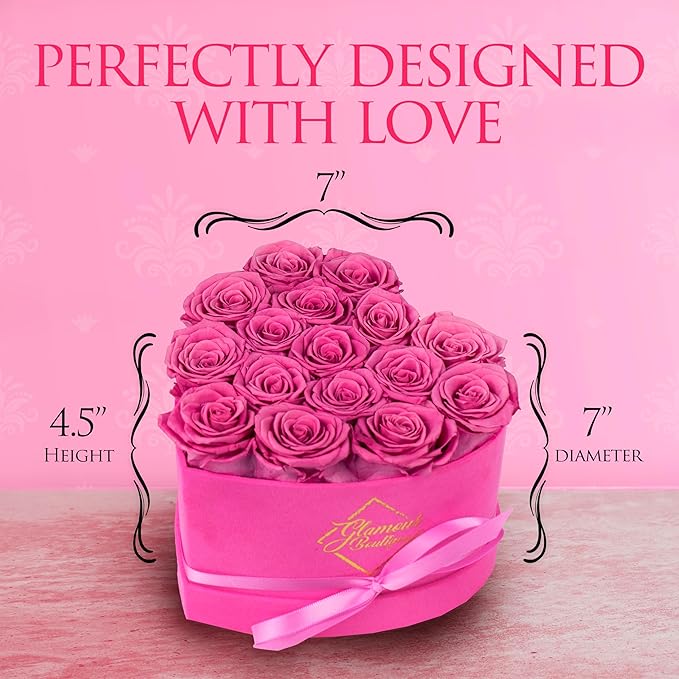 GLAMOUR BOUTIQUE 16 Flower Forever Heart Shape Box - Preserved Roses Gift for Her, Preserved Flowers, Velvet Pink