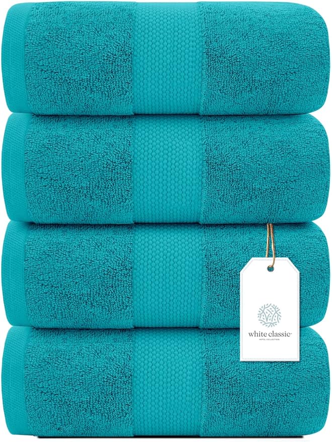 White Classic Luxury Bath Towels Set of 4 Large - 700 GSM Cotton Ultra Soft Bath Towels 27x54 | Highly Absorbent and Quick Dry | Hotel Towels for Bathroom Luxury, Plush Shower Towels, Aqua