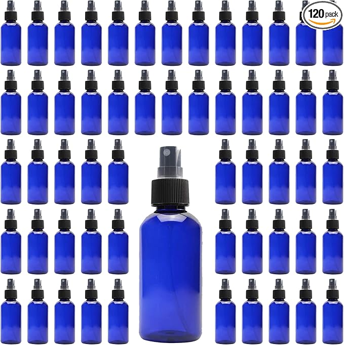 Cornucopia Brands 4oz Blue PLASTIC Fine Mist Spray Bottles (120-Pack); BPA-Free Plastic Spritzer Bottles, Labels Included; PET #1 Plastic Bottles