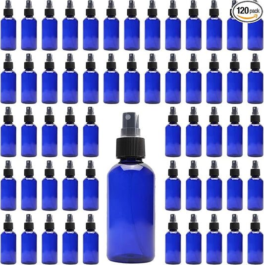 Cornucopia Brands 4oz Blue PLASTIC Fine Mist Spray Bottles (120-Pack); BPA-Free Plastic Spritzer Bottles, Labels Included; PET #1 Plastic Bottles
