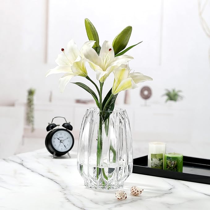 Crystal Clear Glass Vase - Modern Ribbed Design for Flowers, Candles, and Decorative Accents - Tall/Short Sizes (Clear, H7.87inch)