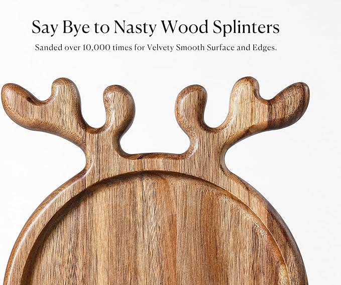 Acacia Antler Christmas Serving Platter, 12" x 15" Round Wooden Food Dish, Serving Dishes Charcuterie Board Tray for Cheese Fruit Bread, Christmas Platter for Housewarming Decro Wedding