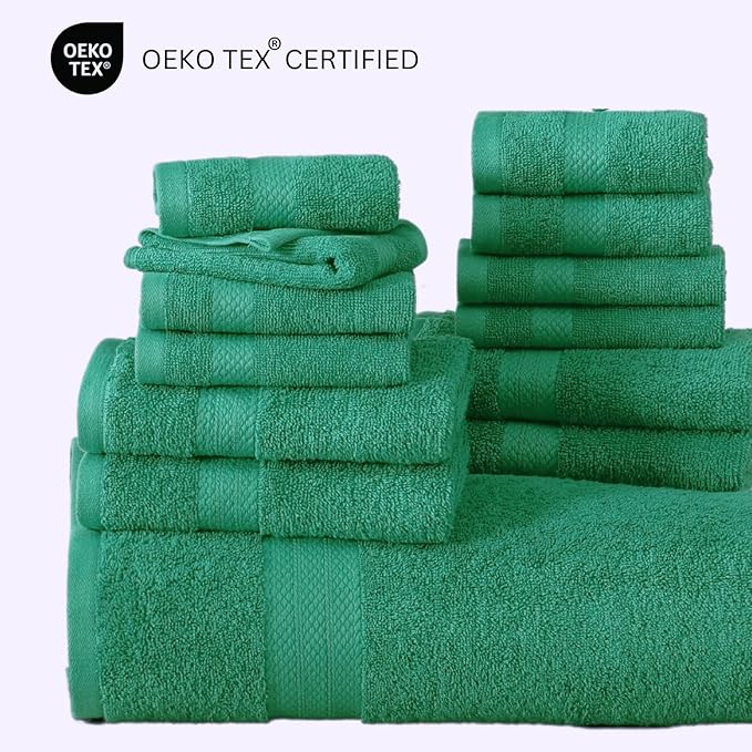 LANE LINEN 100% Cotton 16 Piece Bath Towel Set - Ring Spun, Quick Dry, Super Soft & Highly Absorbent - 4 Bath, 8 Washcloths, 4 Hand Towels for Bathroom - Hotel Quality Bathroom Towel Set - Emerald