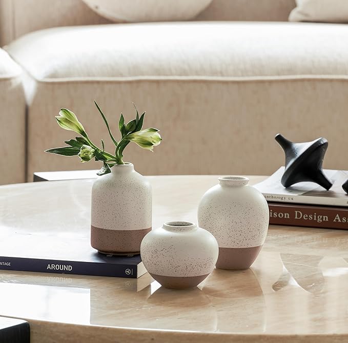 Ceramic Vase Set of 3, Vases Home Decor Rustic Farmhouse Decor, Small Pottery Vases for Bouquet Pampas Grass Dried Fresh Flowers, Living Room, Kitchen, Bedroom, Bathroom, Mantel Decor - Beige&Brown