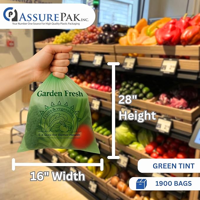 Narrow Profile Produce Bags Roll Green - 1900 Bags - 16"x28" – 4 Rolls - 8 Microns – for Grocery, Small Business, Produce Use, Food & Storage Needs, Garden Fresh, Narrow Profile, Kitchen Use