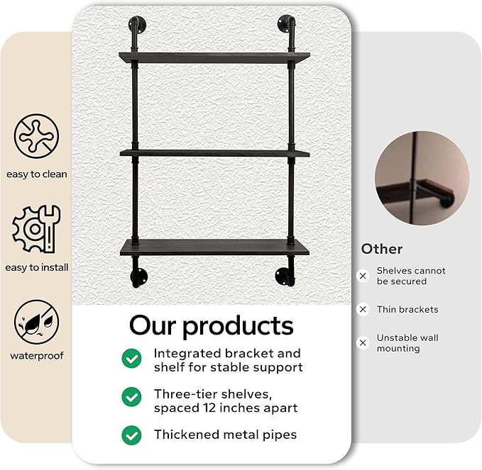 3-Tier Industrial Pipe Floating Shelf – Rustic 24 inch Wood Wall-Mounted Storage Shelf for Kitchen Office,Bathroom & Home Decor -Black