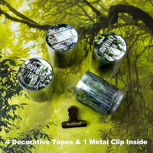 Forest Adventure Transparent PET Scrapbook Tape Set with Clip - 4 Rolls Tree and Landscape Scenery Design Stickers for Journals Planners Crafts and Gift Ideas