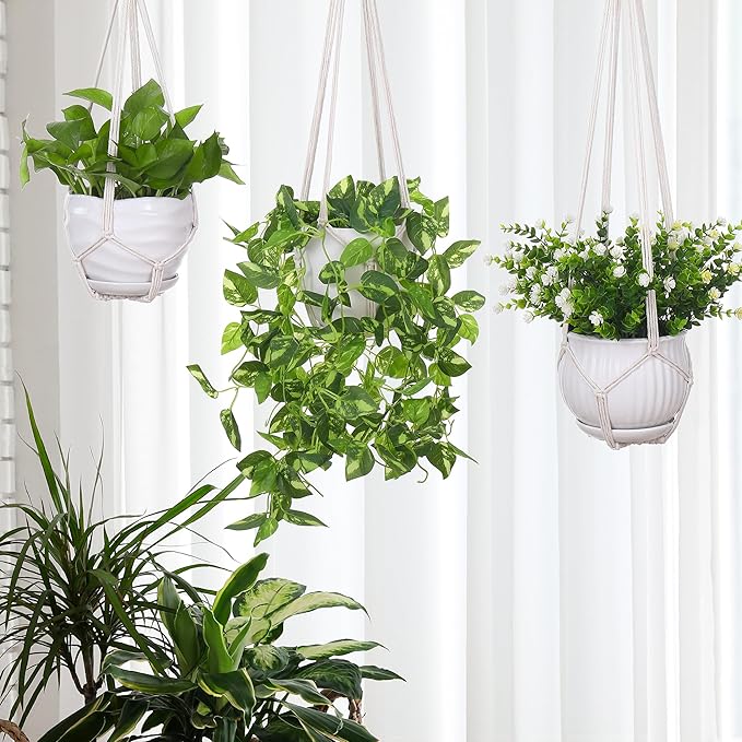 YIBOT 3 Pack Macrame Plant Hanger Indoor Hanging Planter Basket with 3 Hooks, 35"/29"/23" Crochet Plant Holder Stand No Tassels for Indoor Outdoor Boho Home Decor, Ivory (POTS NOT Included)