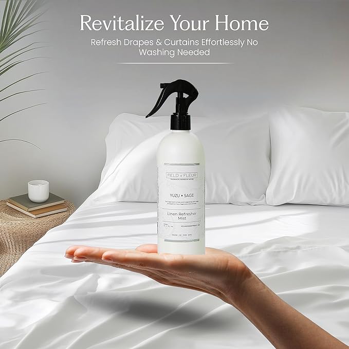 FIELD FLEUR Yuzu Sage Linen & Room Spray 15.5 oz - Aromatic & Refreshing Bedding & Fabric Mist - Air Freshener for Clothes & Sofas - Notes of Yuzu, Mandarin, Sage & Eucalyptus - Made in USA