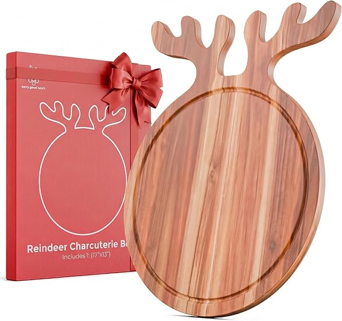 New – Reindeer Charcuterie Board – Acacia Wood Christmas Cutting Board (17x13in) Holiday Serving Tray, Winter Cheese Board, Wooden Christmas Platter & Kitchen Decor Gift for Festive Entertaining