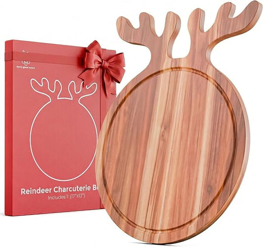 New – Reindeer Charcuterie Board – Acacia Wood Christmas Cutting Board (17x13in) Holiday Serving Tray, Winter Cheese Board, Wooden Christmas Platter & Kitchen Decor Gift for Festive Entertaining