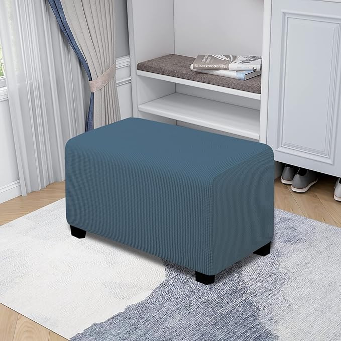 Easy-Going Stretch Ottoman Cover Folding Storage Stool Furniture Protector Soft Rectangle Slipcover with Elastic Bottom (Ottoman Small, Bluestone)