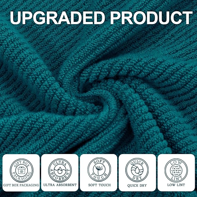 VOOVA & MOVAS Bath Towels Set of 4, Large 30" x 56" - 100% Cotton | Thick | Light Weight | Soft | Absorb | Quick Dry, Bath Towels Sets for Bathroom, Luxury Towel Gift Set, Deep Turquoise