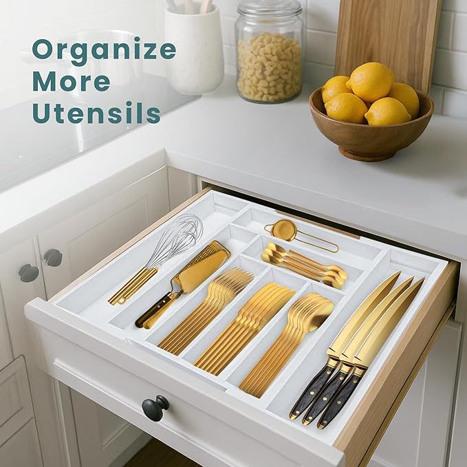 Sben Expandable Drawer Organizer for Utensils Holder, Adjustable Cutlery Tray, 6-8 Slots, Premium Wood Drawer Dividers Organizer for Silverware, Flatware, Knives for Kitchen (White)