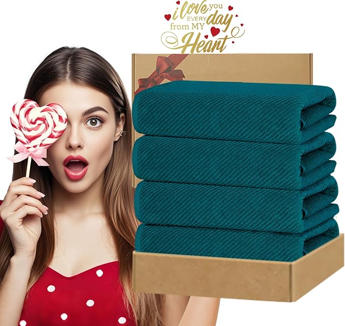 VOOVA & MOVAS Bath Towels Set of 4, Large 30" x 56" - 100% Cotton | Thick | Light Weight | Soft | Absorb | Quick Dry, Bath Towels Sets for Bathroom, Luxury Towel Gift Set, Deep Turquoise