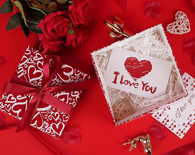 Jaywayang 5 Pack Red Valentine Gift Boxes with Lids, Ribbons and Tissue Papers Square Gift Boxes - 7.1 Inch - Christmas Presents Wrapping Valentine's Day Decoration Birthday Anniversary Party Favor Boxes.