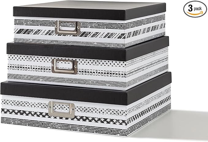 SLPR Nesting Decorative Storage Boxes With Lids for Home Decor - Set of 3: Black and White Photo Storage, Cardboard Document Boxes for Scrapbook, Keepsake, Memories