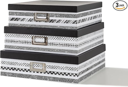 SLPR Nesting Decorative Storage Boxes With Lids for Home Decor - Set of 3: Black and White Photo Storage, Cardboard Document Boxes for Scrapbook, Keepsake, Memories