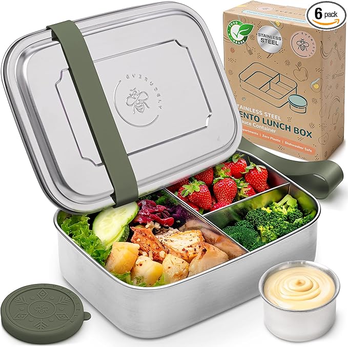 Everusely - Bento Box - Sage, 60oz / 1.8 L - Stainless Steel Lunch Box with Leakproof Condiment Container - 3 Compartment Snack Organizer for On the Go Meals - Freezer & Dishwasher Safe