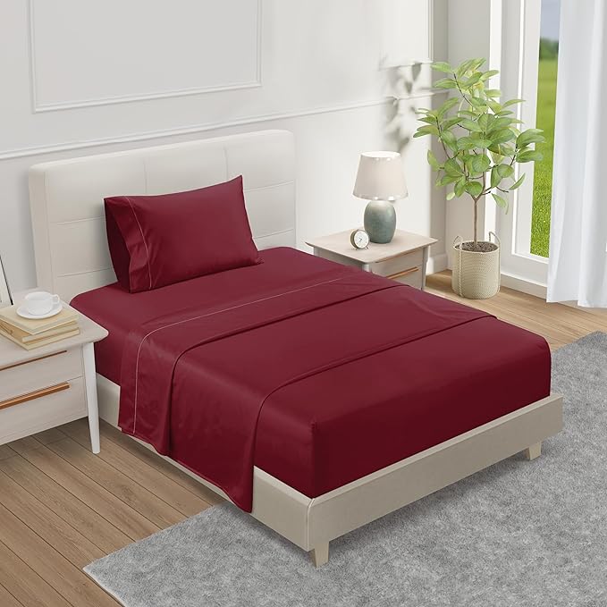 CHATEAU HOME COLLECTION 100% Egyptian Cotton Sheets Twin Size, Soft & Comfy Breathable 800 Thread Count Deep Pocket Sheets for All Seasons, Machine Washable No Pill Thick Cotton Bed Sheet - Burgundy