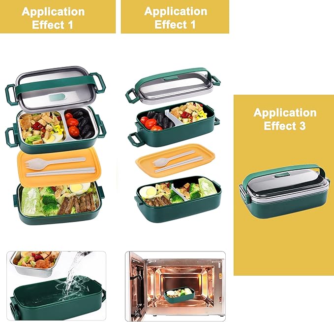 Stainless Steel Bento Box for Adults&Kids,Japanese Leakproof Lunch Box Divided Food Meal Storage Containers Set Stackable 2 Layer for Children School Picnic Green