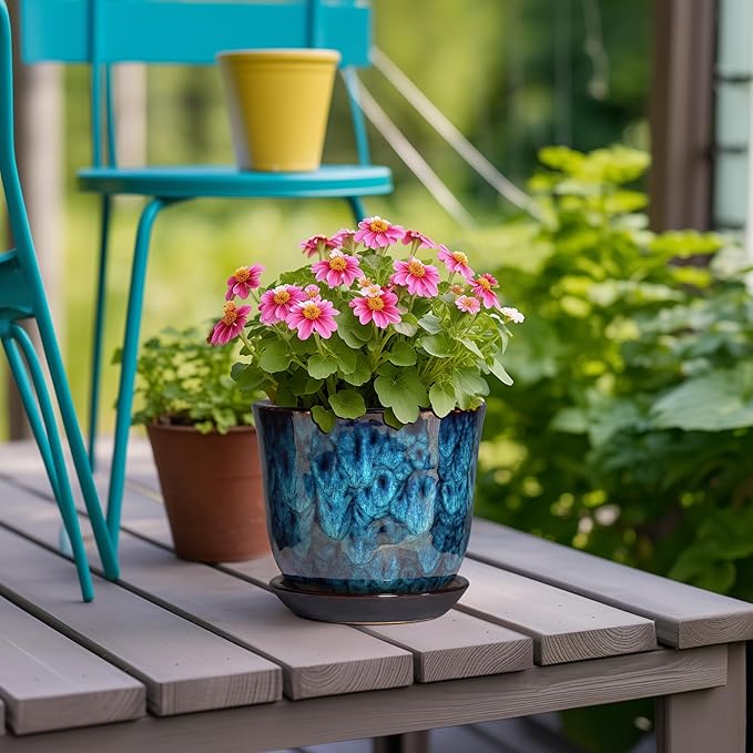 5.6 Inch Plant Pot - Ceramic Pots for Plants with Drainage Hole and Saucer, Round Succulent Flower Orchid Pot for Indoor Outdoor, Modern Planter, Home Room Decor, Gift for Plant Lover, Blue