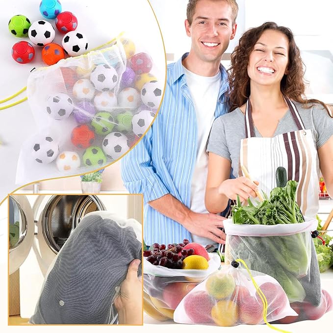 20 Pack Reusable Produce Bags, Washable Produce Mesh Bags, Durable Vegetable Fruits Bag, See-Through Toy Storage Mesh Bag with Drawstring for Fruits Vegetables Fridge Storage Toys, 3 Sizes