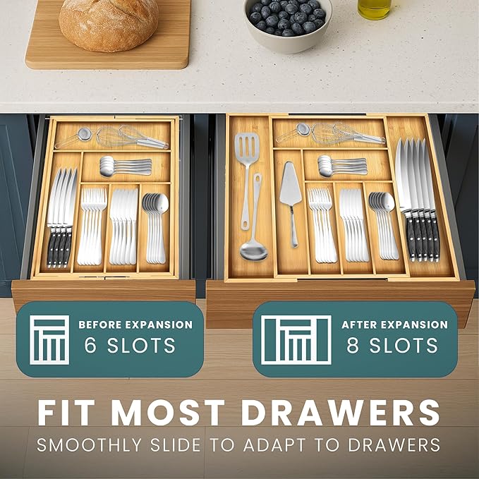 Sben Expandable Drawer Organizer for Utensils Holder, Adjustable Cutlery Tray, Wood Drawer Dividers Organizer for Silverware, Flatware, Knives for Kitchen (Bamboo)