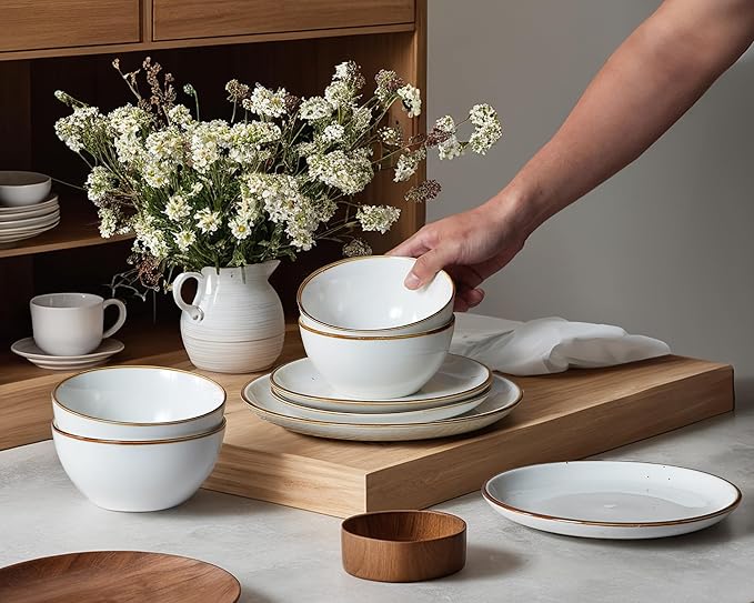 ONEMORE Plates and Bowls Set, Dinnerware Sets for 4, Porcelain Kitchen Dishes Set 12pcs, Scratch Resistant, Modern Aesthetic Dishware Sets- Microwave & Dishwasher Oven Safe,Farmhouse Style Cream White