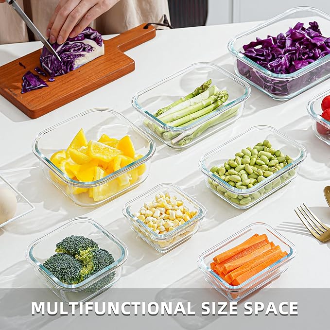 8-piece glass food storage container, glass pre meal preparation container, with sealing cover, suitable for use in microwave ovens, ovens, refrigerators, and dishwashers