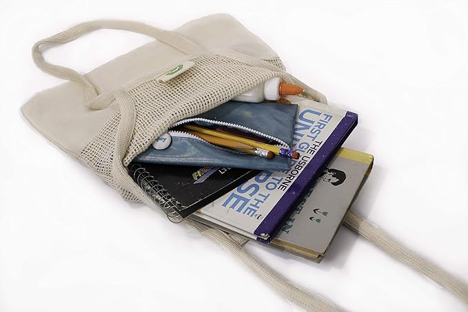 Reusable Mesh Grocery Shopping Bags - Organic Cotton Mesh Tote Bags - Net Farmers Market Bags with Reinforced Bottom - Mesh Mushroom Foraging Tote Bags - Portable Cotton French Market Tote (3 Bags)